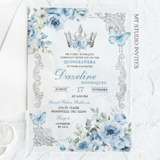 Elegant Baby Blue Crown Quinceanera Acryleinladungen