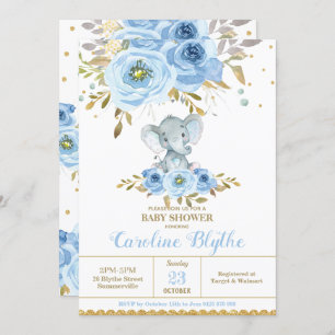Elegant Baby Blue Floral Elephant Boy Baby Shower Einladung