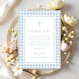 Elegant Baby Blue Gingham Boy Baptism Dankeskarte