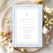 Elegant Baby Blue Gingham Boy Baptism Einladung