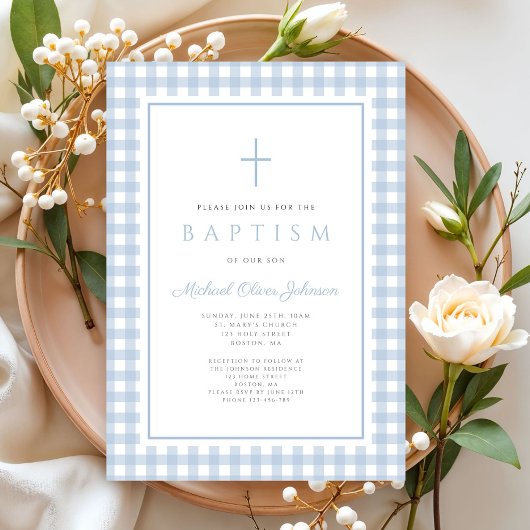 Elegant Baby Blue Gingham Boy Baptism Einladung