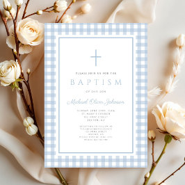 Elegant Baby Blue Gingham Boy Baptism Einladung
