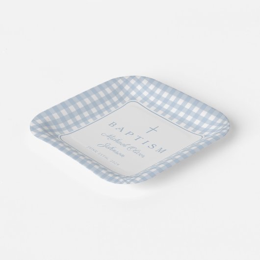 Elegant Baby Blue Gingham Boy Baptism Pappteller (Gewinkelt)