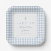 Elegant Baby Blue Gingham Boy Baptism Pappteller (Vorderseite)
