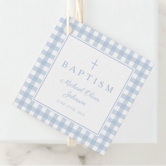 Elegant Baby Blue Gingham Boy Baptism Thank You  Geschenkanhänger