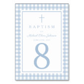 Elegant Baby Blue Gingham Boy Baptism Tischnummer (Rückseite)
