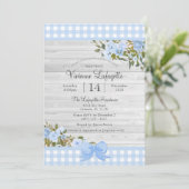 Elegant Baby Blue Gingham Floral Baby Shower Einladung (Stehend Vorderseite)