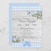 Elegant Baby Blue Gingham Floral Baby Shower Einladung (Vorne/Hinten)