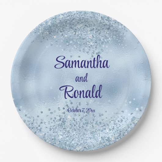 Elegant Baby Blue Glitzer and Foil Wedding Pappteller (Vorderseite)