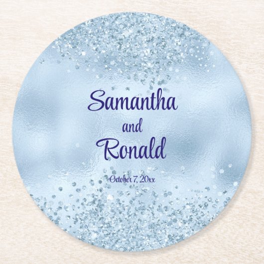 Elegant Baby Blue Glitzer and Foil Wedding Runder Pappuntersetzer (Vorderseite)