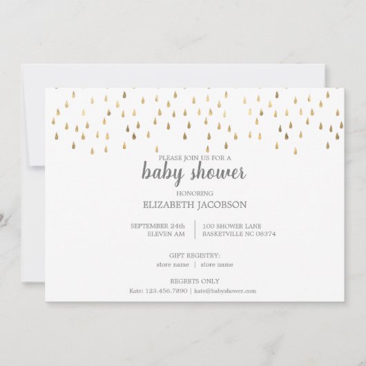Elegant Baby Blue & Gold Raindrops Baby Shower Einladung (Vorderseite)