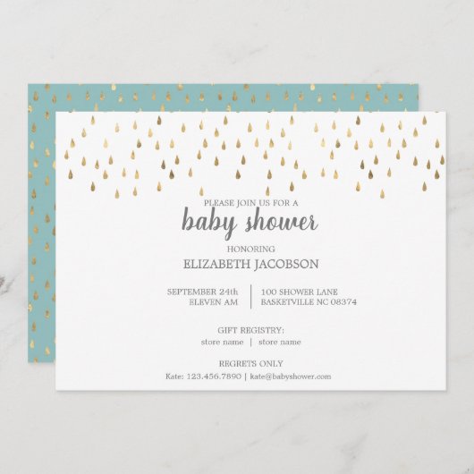 Elegant Baby Blue & Gold Raindrops Baby Shower Einladung (Vorne/Hinten)