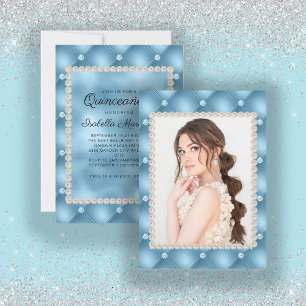 Elegant Baby Blue Quinceañera Foto Pearls Jewels Einladung