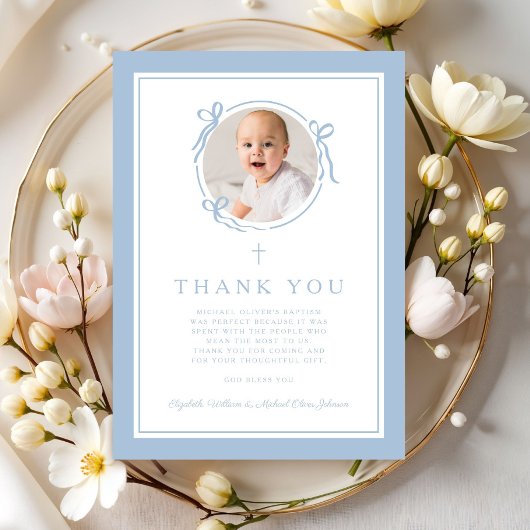 Elegant Baby Blue Religious Baptism Photo Dankeskarte