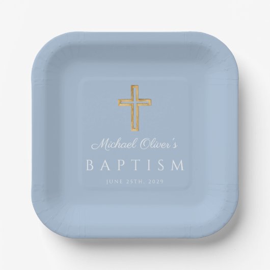 Elegant Baby Blue Religious Cross Baptism Pappteller (Vorderseite)