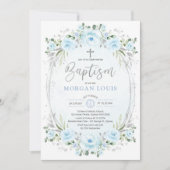 Elegant Baby Blue Silver Blume Taufe Einladung (Vorderseite)