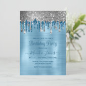 Elegant Baby Blue Sparkle Glitzer Tropfen Geburtst Einladung (Stehend Vorderseite)