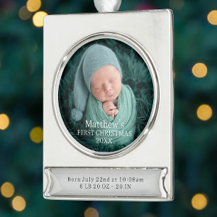 Elegant Baby Boy Birth Stats First Christmas Banner-Ornament Silber