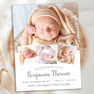 Elegant Baby Custom 4 Foto Geburtsankündigung Postkarte