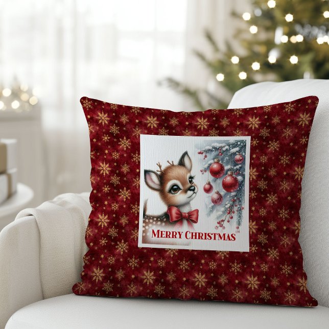 Elegant Baby Deer Snowy Forest Christmas Pillow   Kissen (Enchanting Fawn Christmas Pillow Gift for Kids Room Decor)