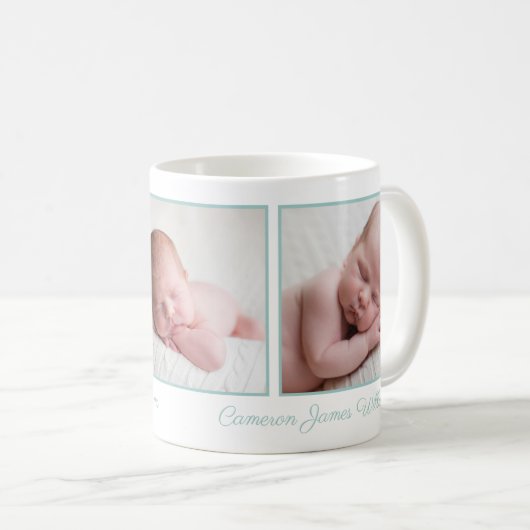Elegant Baby Foto Collage Mint Green Script Kaffeetasse (VorderseiteRechts)