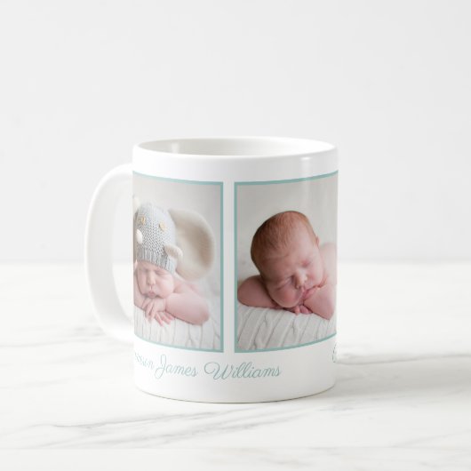 Elegant Baby Foto Collage Mint Green Script Kaffeetasse (Vorderseite Links)