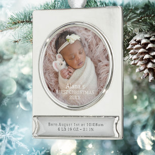 Elegant Baby Girl Birth Stats First Christmas Banner-Ornament Silber