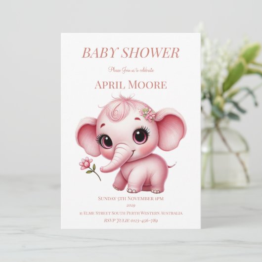 Elegant Baby Girl Pink Elephant Baby Shower Einladung (Stehend Vorderseite)