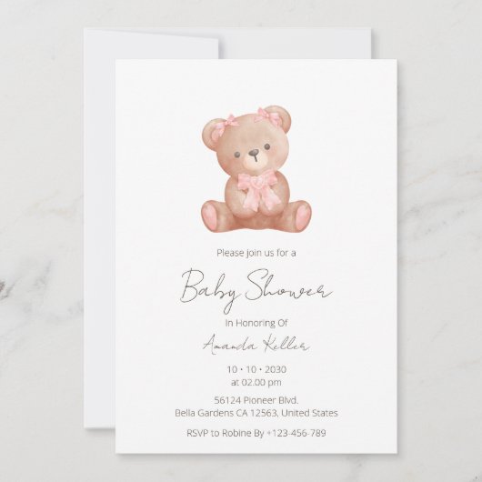 Elegant Baby Girl Teddy Bear Baby Shower Einladung (Vorderseite)