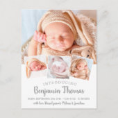 Elegant Baby Personalisiert 4 Foto Collage Birth Ankündigungspostkarte (Vorderseite)