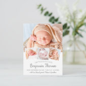 Elegant Baby Personalisiert 4 Foto Collage Birth Ankündigungspostkarte (Stehend Vorderseite)