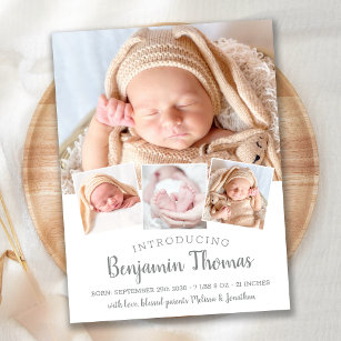 Elegant Baby Personalisiert 4 Foto Collage Birth Ankündigungspostkarte