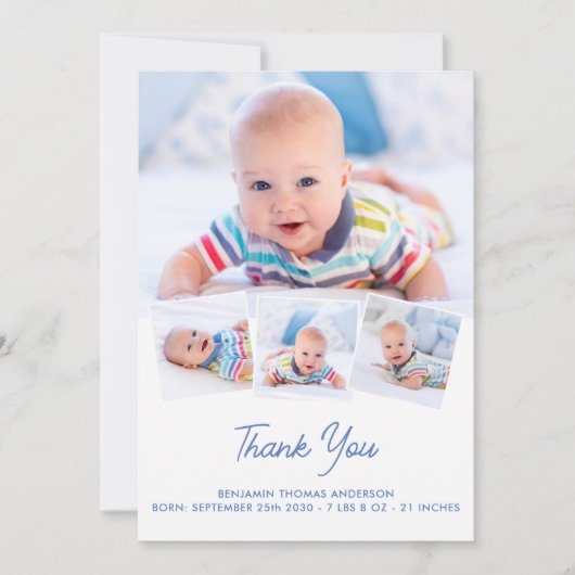 Elegant Baby Personalisiert 4 Foto Collage Neugebo Dankeskarte (Vorderseite)