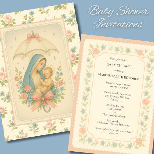 Elegant Baby Shower Blue Floral Religious Einladung