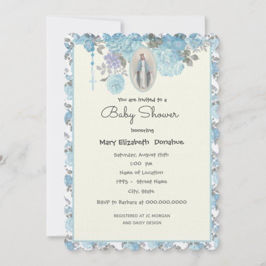 Elegant Baby Shower Blue Floral Religious Einladung (Vorderseite)