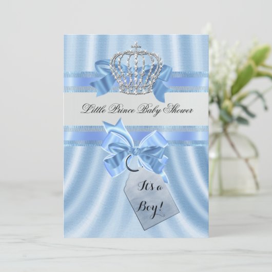 Elegant Baby Shower Boy Blue Little Prince Crown Einladung (Stehend Vorderseite)