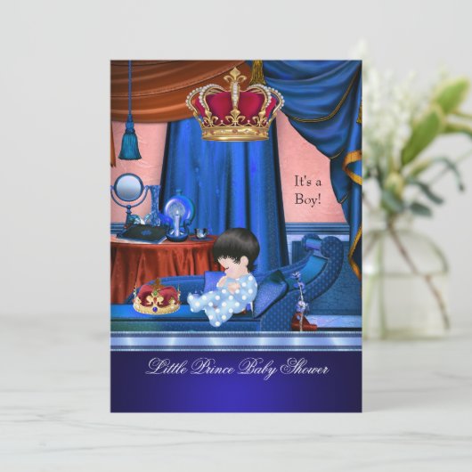 Elegant Baby Shower Boy Blue Little Prince Crown Einladung (Stehend Vorderseite)