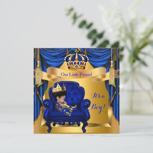 Elegant Baby Shower Boy Prince Royal Blue Gold Einladung (Stehend Vorderseite)