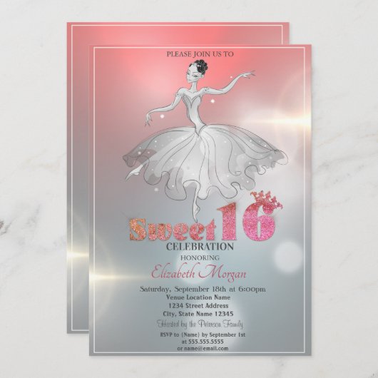 Elegant Ballerina, Glitzer Sweet 16 Einladung (Vorne/Hinten)