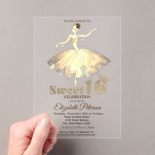 Elegant Ballerina Gold Glitzer Bokeh Sweet 16 Acryleinladungen (Insitu (Handheld))