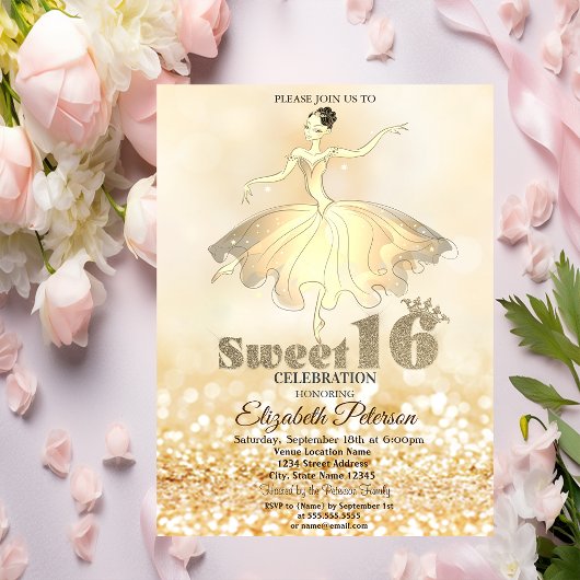 Elegant Ballerina Gold Glitzer Bokeh Sweet 16 Einladung