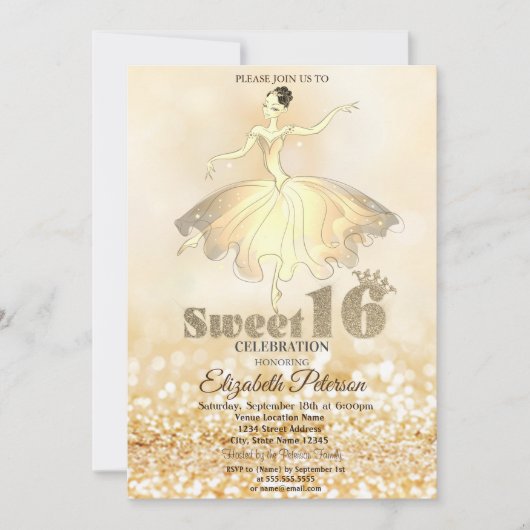 Elegant Ballerina Gold Glitzer Bokeh Sweet 16 Einladung (Vorderseite)