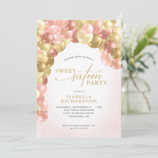 Elegant Balloon Arch Pink und Gold Sweet 16 Party Einladung (Stehend Vorderseite)