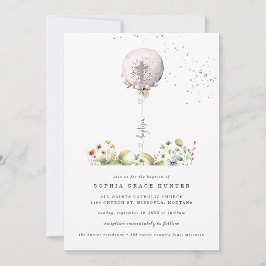 Elegant Balloon Floral Taufe Einladung (Vorderseite)