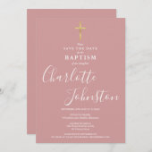Elegant Baptism Christening Dusty Rose Pink Save The Date (Vorne/Hinten)