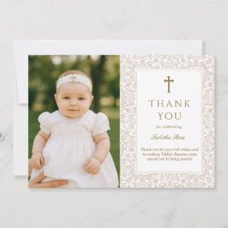 Elegant Baptism  | Gold Cross Photo Thank You Einladung