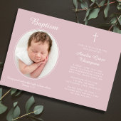 Elegant Baptism Religious Cross Photo Dusty Pink Einladung