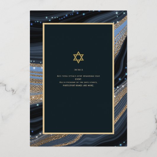 Elegant Bar Mitzvah | Bat Mitzvah | Navy Agate Folieneinladung (Rückseite)