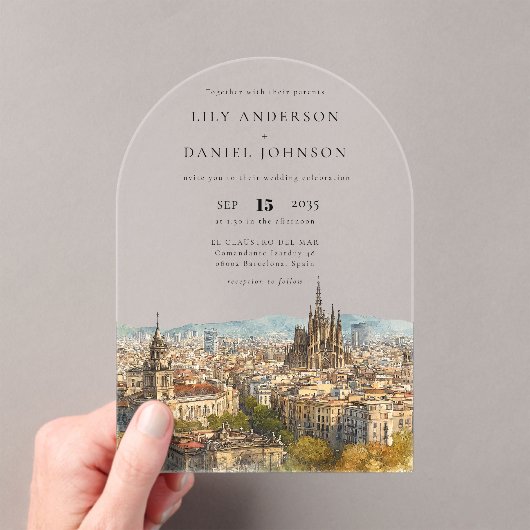 Elegant Barcelona Watercolor Wedding Arch Acryleinladungen (Insitu (Handheld))