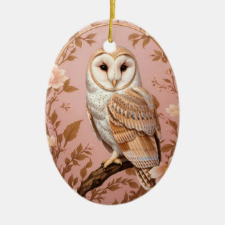 Elegant Barn Owl Pink and Gold Floral Keramik Ornament